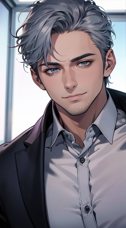 (best quality,4k,8k,highres,masterpiece:1.2),ultra-detailed,(realistic,photorealistic,photo-realistic:1.37),1 man,31 years old,mature man,very handsome,without expression,smile,short grey blue hair,blue eyes,penetrating gaze,perfect face without errors,imposing posture,businessman,office background,cinematic lighting,hdr image