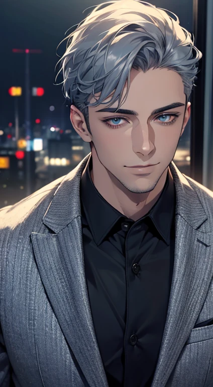 (best quality,4k,8k,highres,masterpiece:1.2),ultra-detailed,(realistic,photorealistic,photo-realistic:1.37),1 man,31 years old,mature man,very handsome,without expression,smile,short grey blue hair,blue eyes,penetrating gaze,perfect face without errors,imposing posture,businessman,office background,cinematic lighting,hdr image