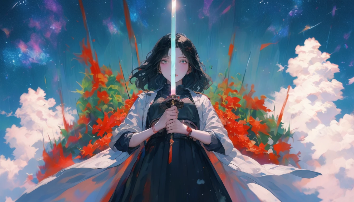 Starry Sky, After the Rain, horizon , In the sky,Lens flare, colorful,Put your hands in your pockets,(student, 18-year-old, ＪＫ, Her short silver hair sways, Pale skin, Lack of eye sparkle) Look up at the sky, Beautiful sky, There is an ocean,White Street,The scenery is beautiful, 広いLook up at the sky, I see the wind blowing and shining, In the skyは正午の月と正午の星がある,From below, break ,quality(8k,非常に精細なCGユニットのwallpaper, masterpiece,High resolution,top-quality,top-quality real texture skin,Surreal,Increase the resolution,RAW Photos,最高quality,Very detailed,wallpaper,Cinema Lighting,Ray Tracing,Golden Ratio),Have a long-term perspective