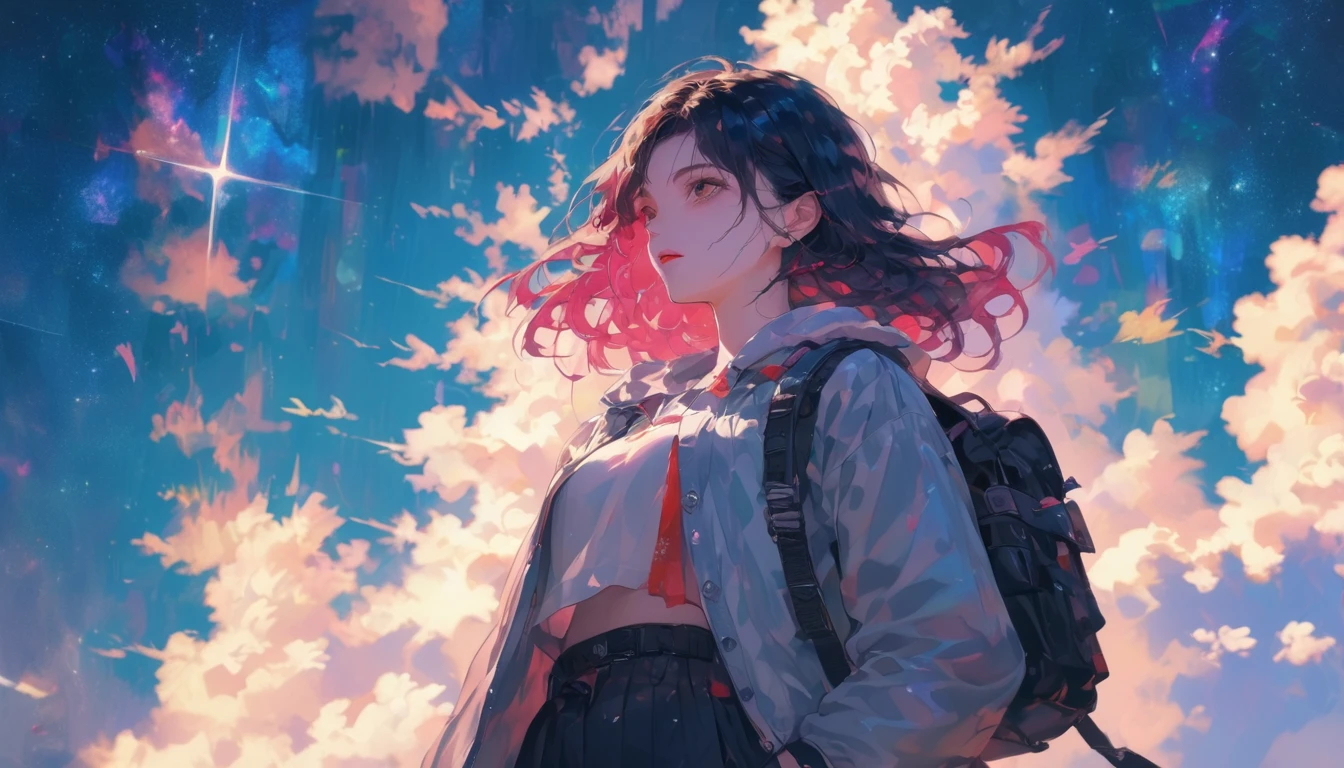 Starry Sky, After the Rain, horizon , In the sky,Lens flare, colorful,Put your hands in your pockets,(student, 18-year-old, ＪＫ, Her short silver hair sways, Pale skin, Lack of eye sparkle) Look up at the sky, Beautiful sky, There is an ocean,White Street,The scenery is beautiful, 広いLook up at the sky, I see the wind blowing and shining, In the skyは正午の月と正午の星がある,From below, break ,quality(8k,非常に精細なCGユニットのwallpaper, masterpiece,High resolution,top-quality,top-quality real texture skin,Surreal,Increase the resolution,RAW Photos,最高quality,Very detailed,wallpaper,Cinema Lighting,Ray Tracing,Golden Ratio),Have a long-term perspective