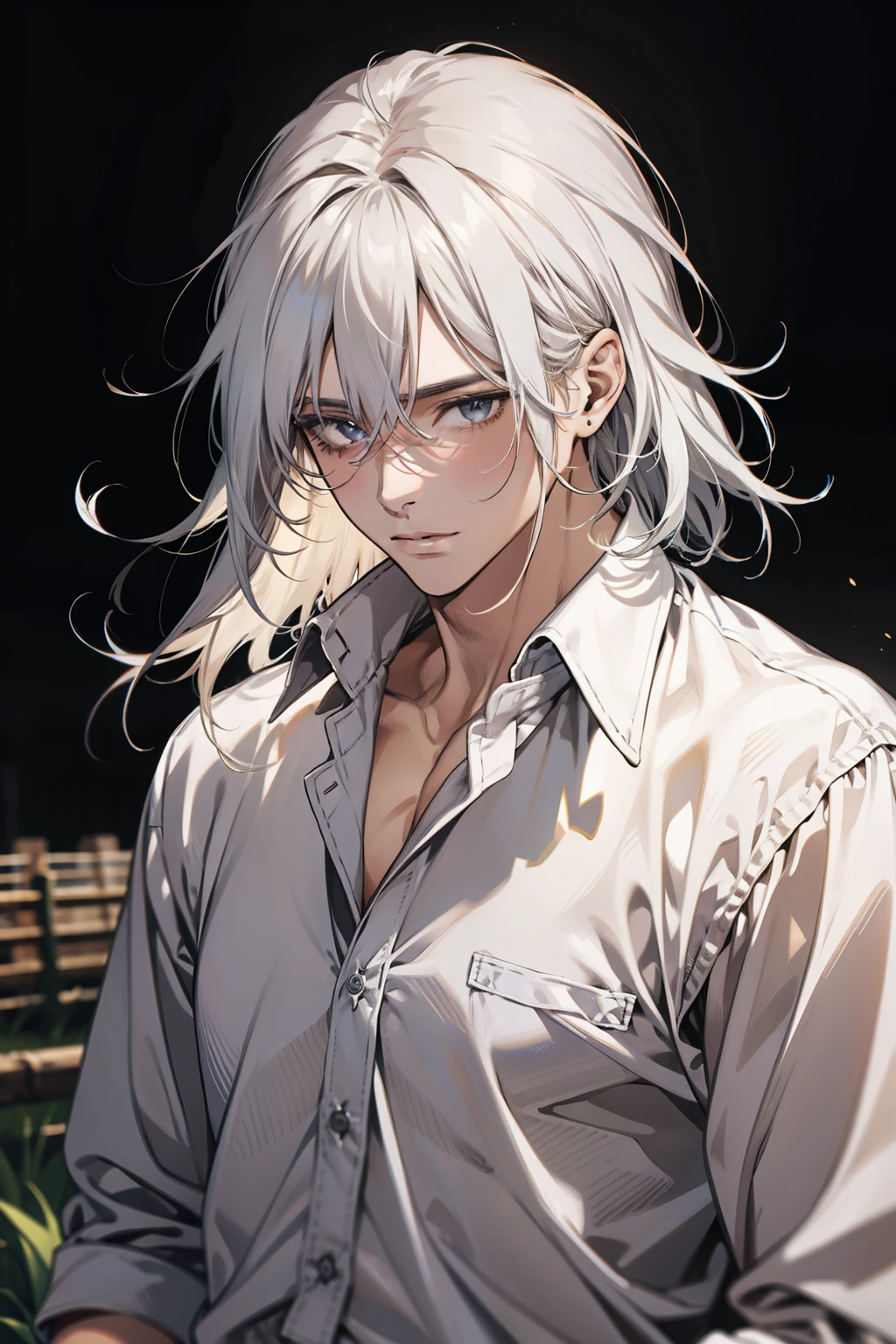 (1 man),close up shot, very long white hair, muscular, flannel shirt, farm background