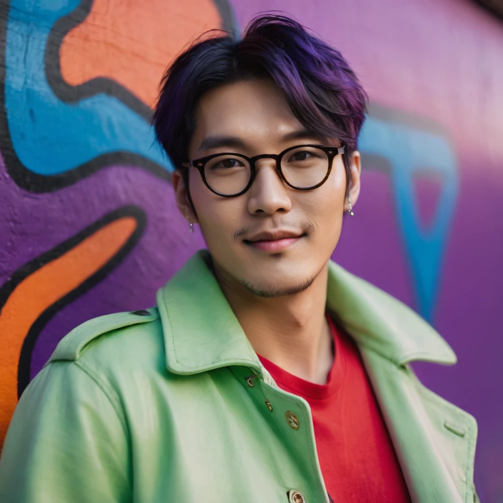 A portrait photo of a gorgeous young French-Japanese man, handsome K-pop idols face, still from the film, ((solo)), (Lee Min Ho look alike face: 0.9), He is 35 years old, 176 cm tall, smiling, with short asymmetrical hair in a purple and green ombre. He has electric blue eyes and is wearing a beige leather jacket, a neon amethyst t-shirt, ripped jeans, and red sneakers. He has multiple tattoos (a dragon on his arm, a phoenix on his neck) and various piercings, (eye, nose, and ears). He is also wearing large eyeglasses. The background colorful graffiti, with vibrant colors and striking features, Leica SL3, Summicron-SL 75 f/2 ASPH, kodak gold 200 film,