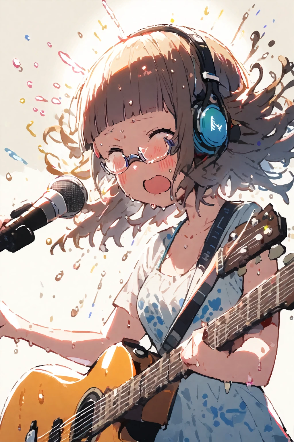 (extremely detailed fine touch:1.3), (((semi-rimless eyewear:1.3))), (headphone:1.2), short hair, blunt bangs, 1 girl, bikini, playing guitar, sing a song, fluttering hair, sweaty, splash, spotlight, simple background,