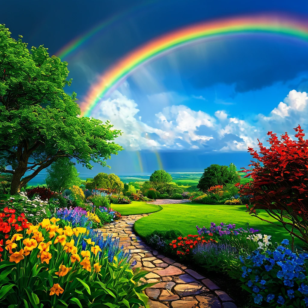 Summer sky (painterly style), Realistic, highly Realistic, Attention to detail, breathtakingly Realistic, High contrast realism, High Saturation Realism, Vibrant colors, Dramatic lighting, Fascinating landscape, Persuasive storytelling, Atmospheric scene, Captivating visuals, Intricate details, Strong emotions, Heavenly Beauty, A dreamlike world, a rainbow-colored garden