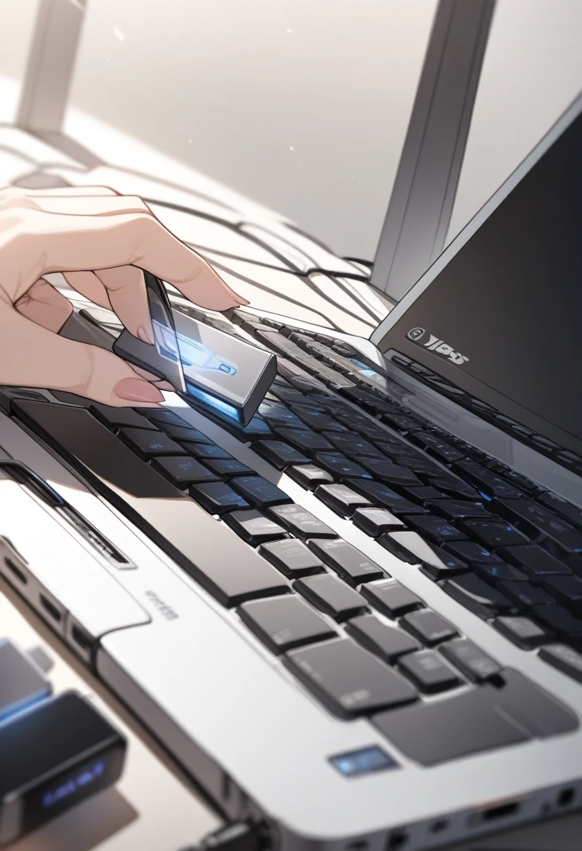 ((background only)),masterpiece, best quality, extremely detailed, ultra detailed, flat anime, 2D, close-up of a female hand, inserting a USB flash memory into a sliver laptop's USB port, laptop keyboard is visible, the USB flash memory has a black casing,
