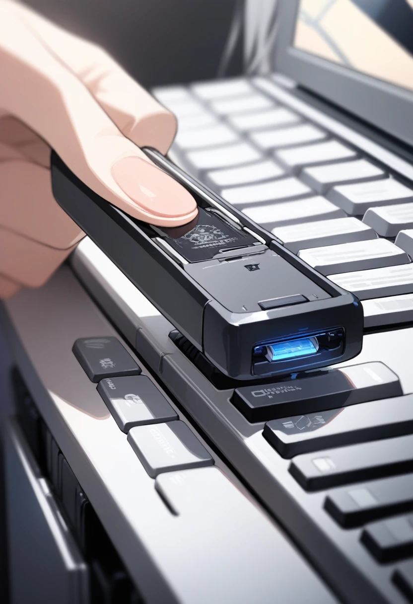 ((background only)),masterpiece, best quality, extremely detailed, ultra detailed, flat anime, 2D, close-up of a female hand, inserting a USB flash memory into a sliver laptop's USB port, laptop keyboard is visible, the USB flash memory has a black casing,