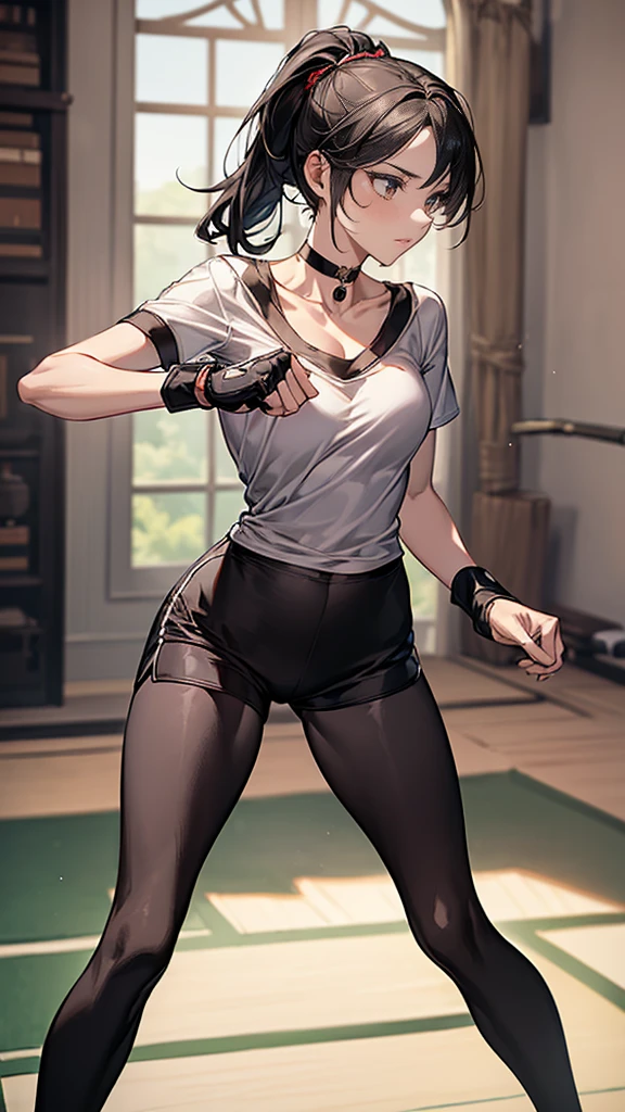 ((Highest quality)), ((masterpiece)), (detailed) {{{Slender female martial arts instructor}}} Shorts {{Décolletage}} {{White short-sleeved T-shirt with long length}} Mature Woman ((Combat Stance)) Long fingerless gloves Black tights {{Inside the dojo}} Black Hair ponytail ((Leggings with integrated shorts)) clavicle choker