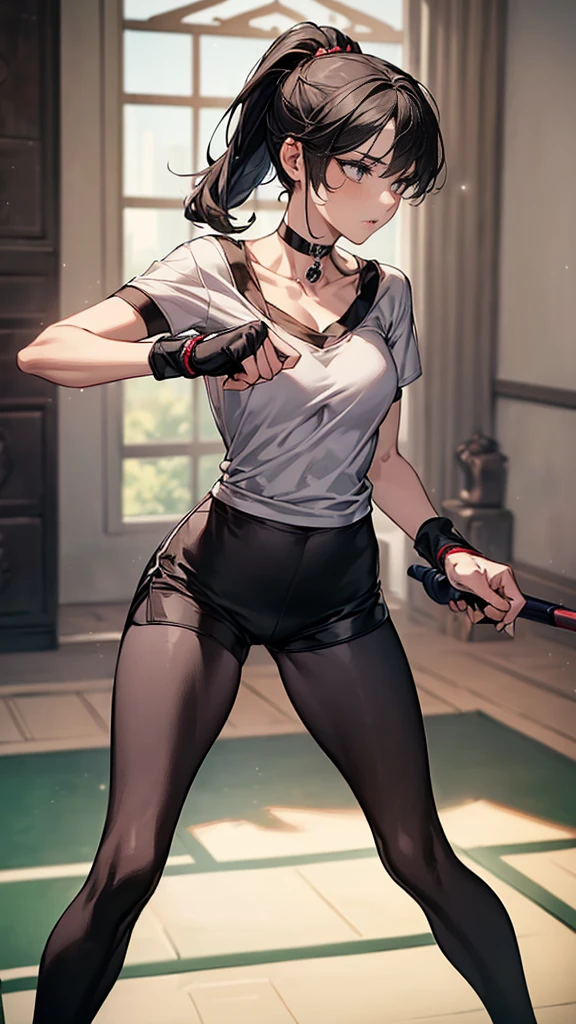 ((Highest quality)), ((masterpiece)), (detailed)　｛{{Slender female martial arts instructor}}｝　Shorts　{{Décolletage}}　{{White short-sleeved T-shirt with long length}}　Mature Woman　((Combat Stance))　Long fingerless gloves　Black tights　{{Inside the dojo}}　Black Hair　ponytail　((Leggings with integrated shorts))　clavicle　choker