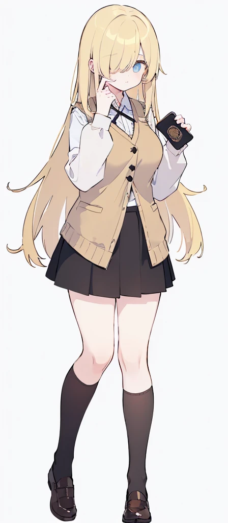 (((Long blonde Beautiful Hair))),blonde hair,kawai,(((Eyes visible from bangs,hair over eyes:1.3))),,Huge breasts,(cyan green color eyes),,(cyany slanted eyes),1girl in,bangs,long gray hair, pantyhose,Cowboy Shot,white background,short hair,smiled,(Wearing a white cream colored hodie), (Wearing a Korean style brown vest), ((Wearing a short black skirt that reaches above the thighs)) Bangs should be long to the tip of the chin...(((Hands focused on holding a handphone))), background white room, Perfect arm fingers,,, 1 girl, ((The image must match the tag)) Bangs almost cover the eyes full body (The character's entire body from top to bottom is completely visible) Must wear a cream colored hodie ((must wear a Korean style brown vest)) a female student (Kawai) must wear a short black skirt Must wear a cream colored hodie ((must wear a Korean style brown vest)) a female student (Kawai) must wear a short black skirt Must wear a cream colored hodie ((must wear a Korean style brown vest)) a female student (Kawai) must wear a short black skirt Must wear a cream colored hodie ((must wear a Korean style brown vest)) a female student (Kawai) must wear a short black skirt