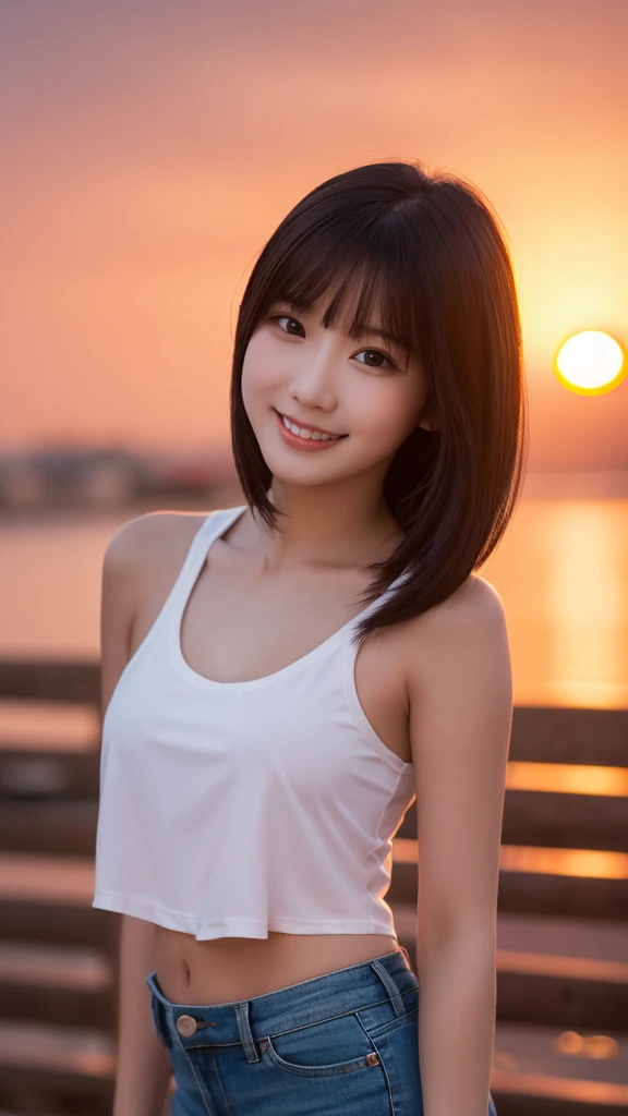 One girl, Photo Model, smile, Focus on your audience, Beautiful lighting, highest quality, masterpiece, Ultra-high resolution, Realistic, Black Hair, Short tank top, Shorts, Long Stockings, Medium chest, White skin,( Sunset background:1.4)