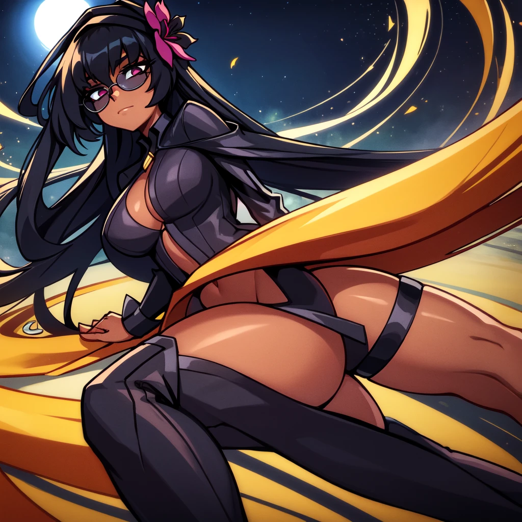 A luscious & thickblack woman,( wearing nothing but a single giant flower) , giant over sized pitch black circle sun glasses that span out wider then her head, her straightened hair so long it falls to the floor, her flowing hair trails behind her, she balances on one foot, she's tipping toward on side drastically almost falling, a spotlight high and directly above her is the only light, pitch black darkness envelopes everything accept her, only she can be seen