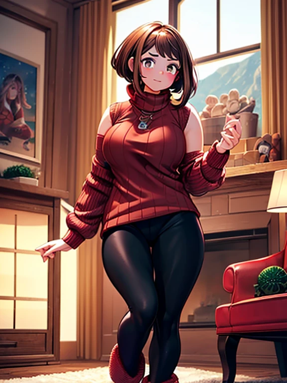 (extremely detailed CG unity 4k wallpaper),(masterpiece),(best quality),(ultra-detailed),(best illustration),(best shadow),(absurdres),(detailed background), 1girl, solo, Imagine Ochaco Uraraka being a 45 year old mother, MILF, brown hair, brown eyes, blush stickers, short hair, Mature Face, brown hair, brown eyes, blush stickers, short hair, curvy female, thick thighs, voluptuous female,((Wearing: red turtle-neck sweater, black leggings and ugg boots)), indoors, detailed background, living room, wide shot, (Standing:1.2)
