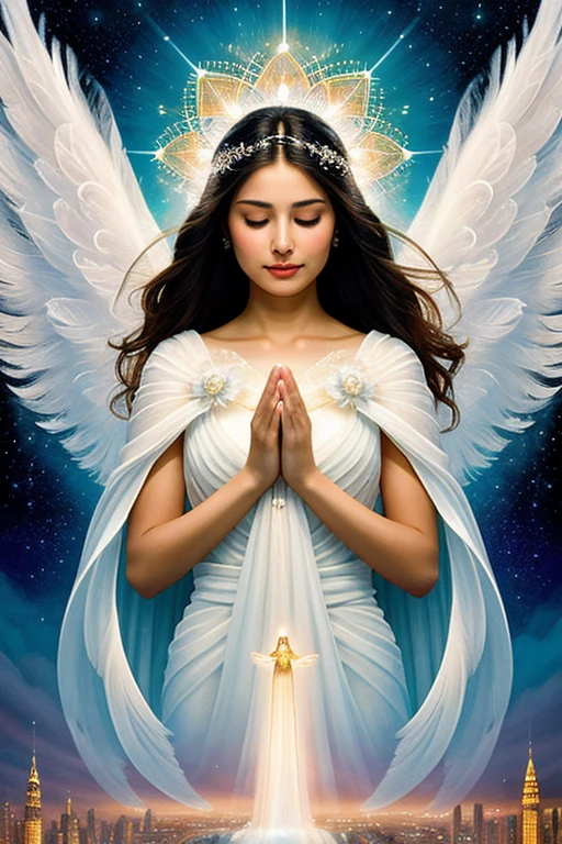 Acrylic painting of a close up shot futuristic city, with neon lights,  sifi advanced technology, and flying cars, bold brushstrokes, high-contrast, highly stylized The beautiful angel appeared as a serene and ethereal figure, adorned with immaculate white wings that shimmered softly, reminiscent of fine linen. Her presence exuded tranquility and grace, with each feather delicately arranged like petals of a pure, celestial flower. Her eyes held a depth of kindness, reflecting the wisdom of ages, while a gentle smile graced her lips, radiating warmth and compassion. Bathed in a soft, heavenly glow, she seemed to bring a sense of peace and hope to all who beheld her.