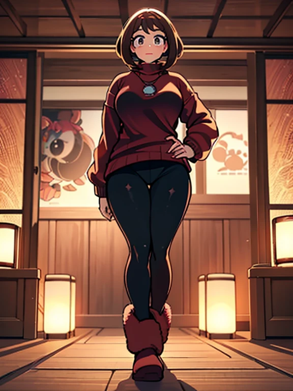 (extremely detailed CG unity 4k wallpaper),(masterpiece),(best quality),(ultra-detailed),(best illustration),(best shadow),(absurdres),(detailed background), 1girl, solo, Imagine Ochaco Uraraka being a 45 year old mother, MILF, brown hair, brown eyes, blush stickers, short hair, Mature Face, brown hair, brown eyes, blush stickers, short hair, curvy female, thick thighs, voluptuous female,((Wearing: red turtle-neck sweater, black leggings and ugg boots)), indoors, detailed background, living room, wide shot, (Standing:1.2)
