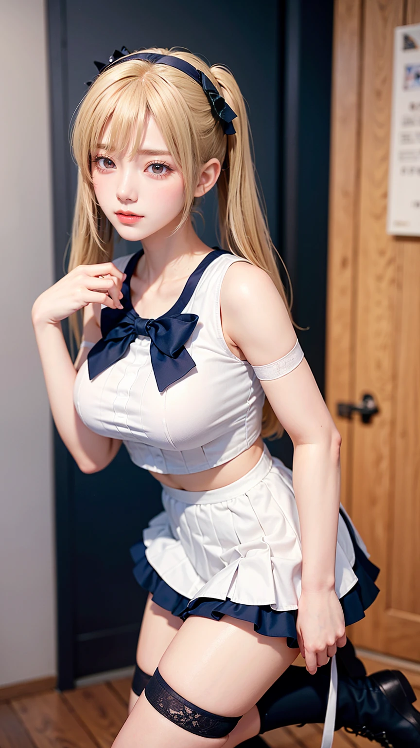 （Very delicate and beautiful：1.2）Supermodel,,Big Breasts,Beautiful breasts,Sensual,【Bike Shorts】,,【Three Girls】,,Highest quality, High resolution, 8k,mini skirt,Navy frilly sailor suit,Blonde twin tails,Lolita Style,Right hand bandaged,boots