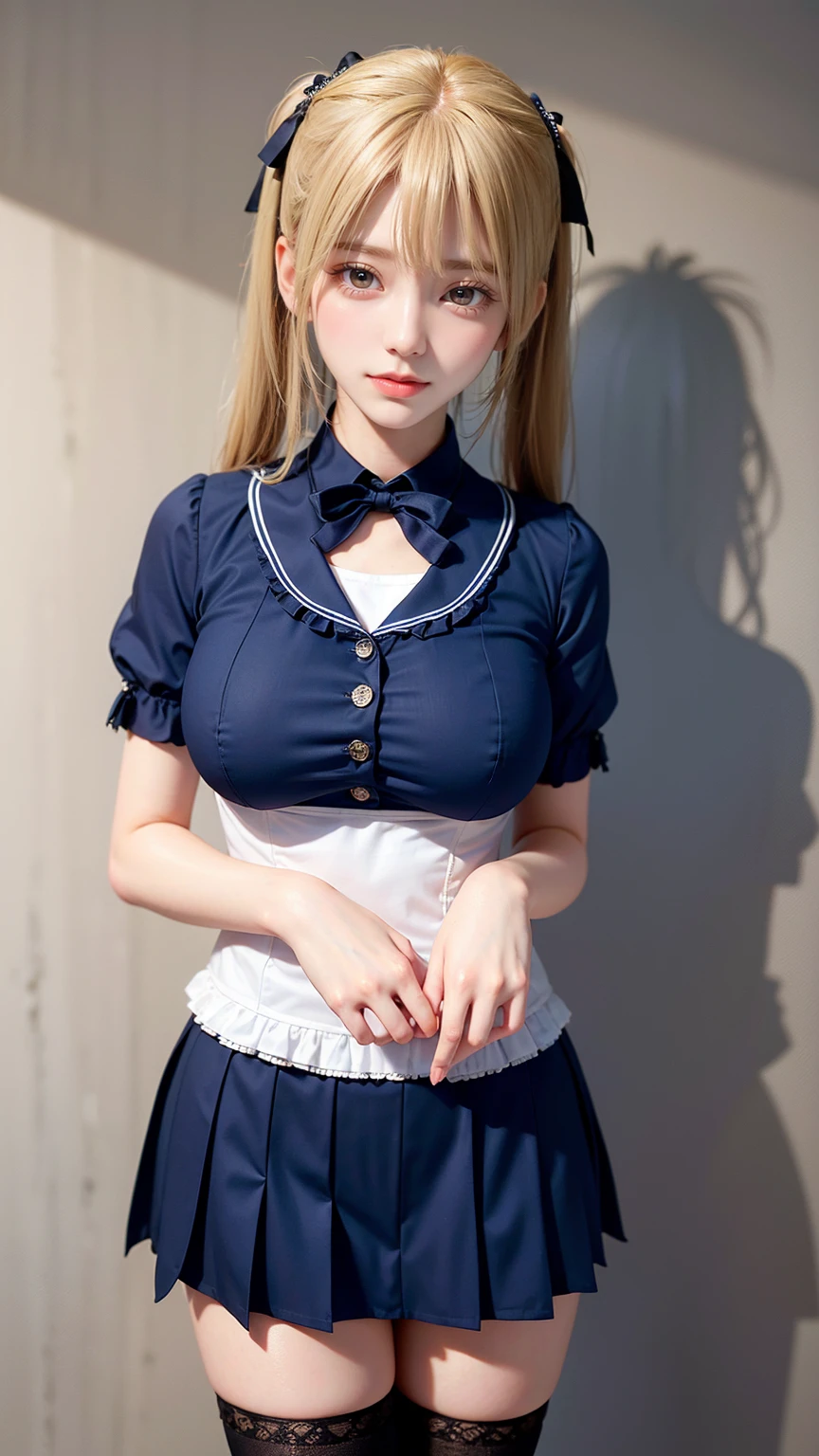 (Very delicate and beautiful:1.2)Supermodel,,Big Breasts,Beautiful breasts,Sensual,【Bike Shorts】,,【Three Girls】,,Highest quality, High resolution, 8k,mini skirt,Navy frilly sailor suit,Blonde twin tails,ta Style,Right hand bandaged,boots