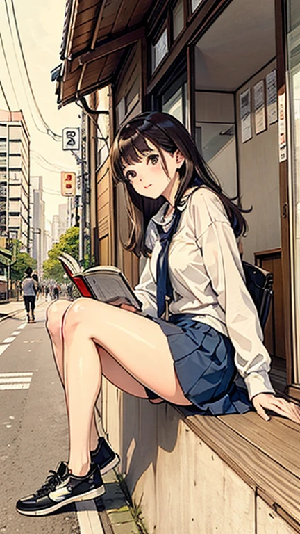 The brunette girl was alone in Tokyo.,Reading a book,mini skirt,Attractive legs