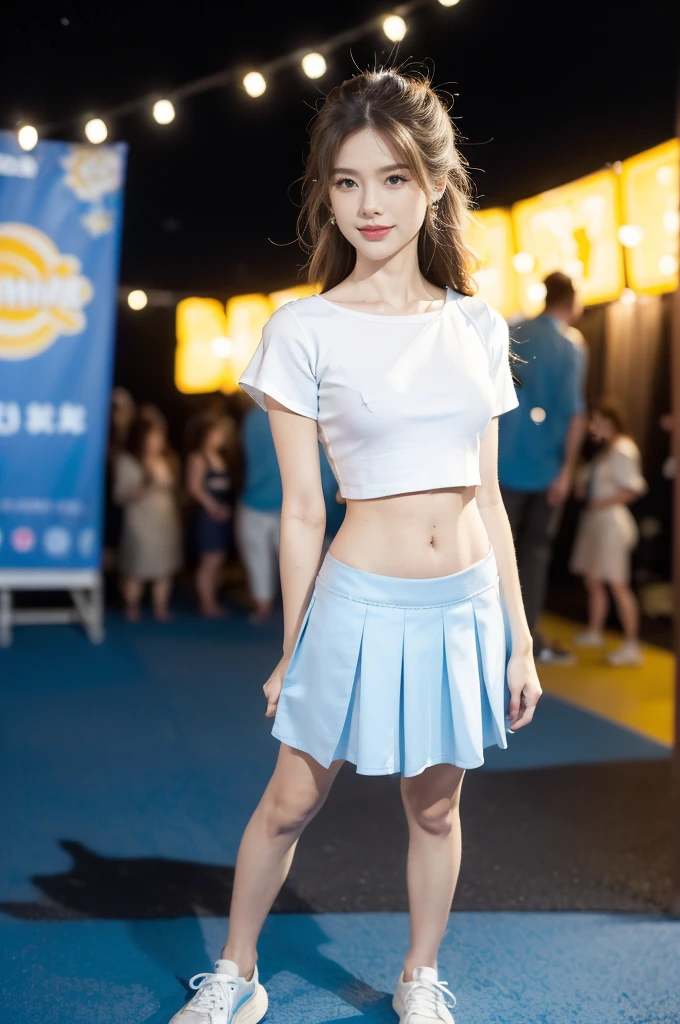 (((best quality))),(((ultra detailed))),(((masterpiece))),illustration,((a beautiful girl,solo)),(shoulder length straight hair:1.2),((slim,thin)),((small breasts,flat chest,claviclis,navel)),(blue short-sleeved white shirt:1.5),(blue mini-skirt:1.3),(slender legs:1.2),(sneakers:1.3),(standing:1.3),(on the stage:1.3),((outside a shopping mall, at the entrance of a beer promotional event)),((surrounded by crowded crowds)),((hair and skirt fluttering in the air)),expressive eyes,infectious smile,the stage adorned with colorful decorations,vibrant atmosphere,(night scene:1.3),(from front:1.3),(arms behind back:1.3),(full body:1.3),