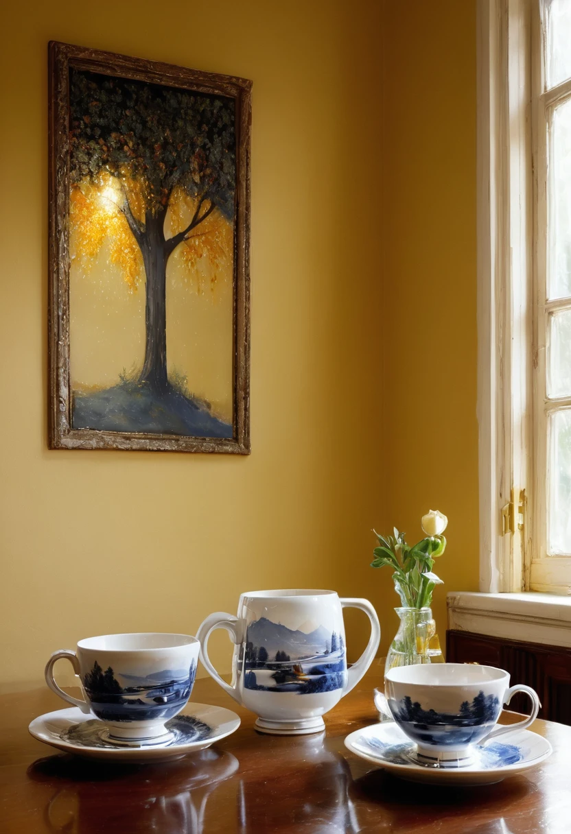 Prompt: "Create a highly detailed and emotionally evocative image seen from the perspective of a ceramic cup placed on a dining table. The scene should encompass various moments in time, showing different families and individuals who have sat at the table for meals, sharing both happy and sad moments. The table should be a focal point, with the cup positioned in such a way that it seems to observe everything. Capture the passage of time by depicting different eras through the changing styles of clothing, tableware, and decor. The faces of the people should show a range of emotions: laughter, tears, joy, and sorrow. Ensure the details of the cup are prominent, with signs of wear and tear indicating its long history. The background should include elements like a window showing different seasons, family photos on the wall, and other personal touches that convey the warmth and lived-in feel of the home. The overall atmosphere should blend nostalgia, warmth, and a touch of melancholy."