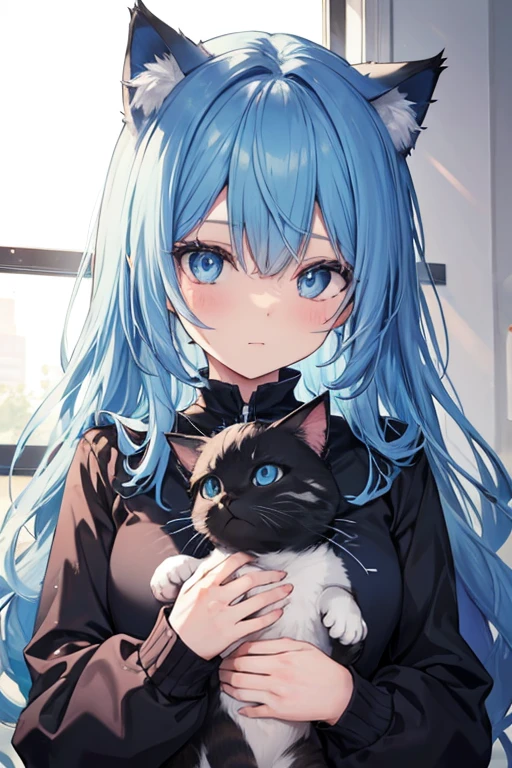 Blue hair，Blue Eyes，Cat ears，Cat&#39;s Tail，girl，Girl，Small breasts，Long Hair，straight，Lolita，Small breasts，Bright smile，Looks like ，Petan Musume，short，目のhighlight，Sexy thighs，Wear a school swimsuit，Wear a school swimsuit，Please show me your armpits，Your eyes are so beautiful，highlight，とても美しいhighlight，Pool，Poolの背景