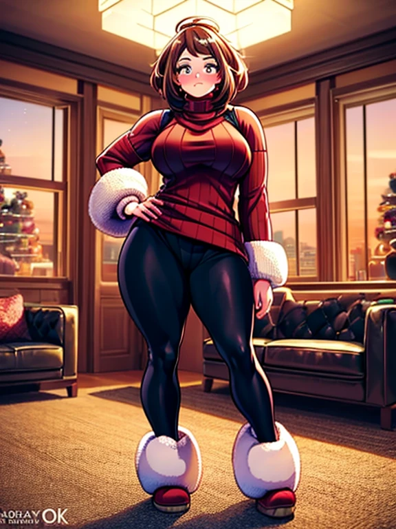 (extremely detailed CG unity 4k wallpaper),(masterpiece),(best quality),(ultra-detailed),(best illustration),(best shadow),(absurdres),(detailed background), 1girl, solo, Imagine Ochaco Uraraka being a 45 year old mother, MILF, brown hair, brown eyes, blush stickers, short hair, Mature Face, brown hair, brown eyes, blush stickers, short hair, curvy female, thick thighs, voluptuous female,((Wearing: red turtle-neck sweater, black leggings and ugg boots)), indoors, detailed background, living room, wide shot, (Standing:1.2)
