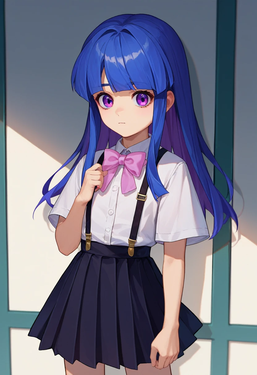 score_9, score_8_up, score_7_up, source_anime, 1girl, furude rika, blue hair, purple eyes, chines cloth, pink bow, suspenders