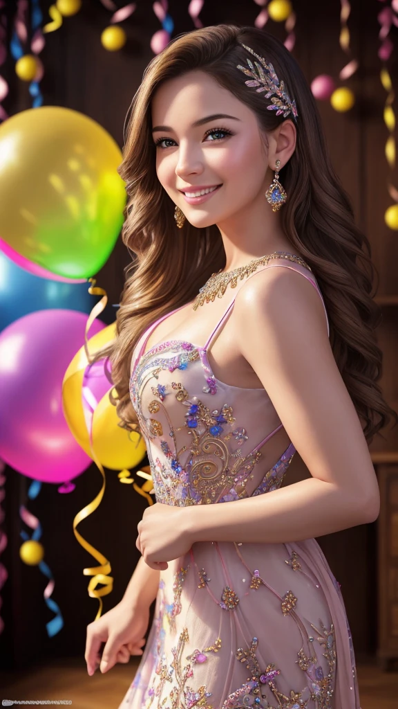 a beautiful girl celebrating her birthday, holding a delicious birthday cake with lit candles, smiling radiantly and filled with happiness, colorful party decorations surrounding her including vibrant balloons, cheerful streamers and shimmering confetti, warm lighting creating a cozy atmosphere, vivid colors, extremely detailed facial features, a beautiful, intricate dress, an intricately detailed background, (best quality,8k,highres,masterpiece:1.2),ultra-detailed,(realistic,photorealistic,photo-realistic:1.37),HDR,UHD,studio lighting,ultra-fine painting,sharp focus,physically-based rendering,extreme detail description,professional,vivid colors,bokeh