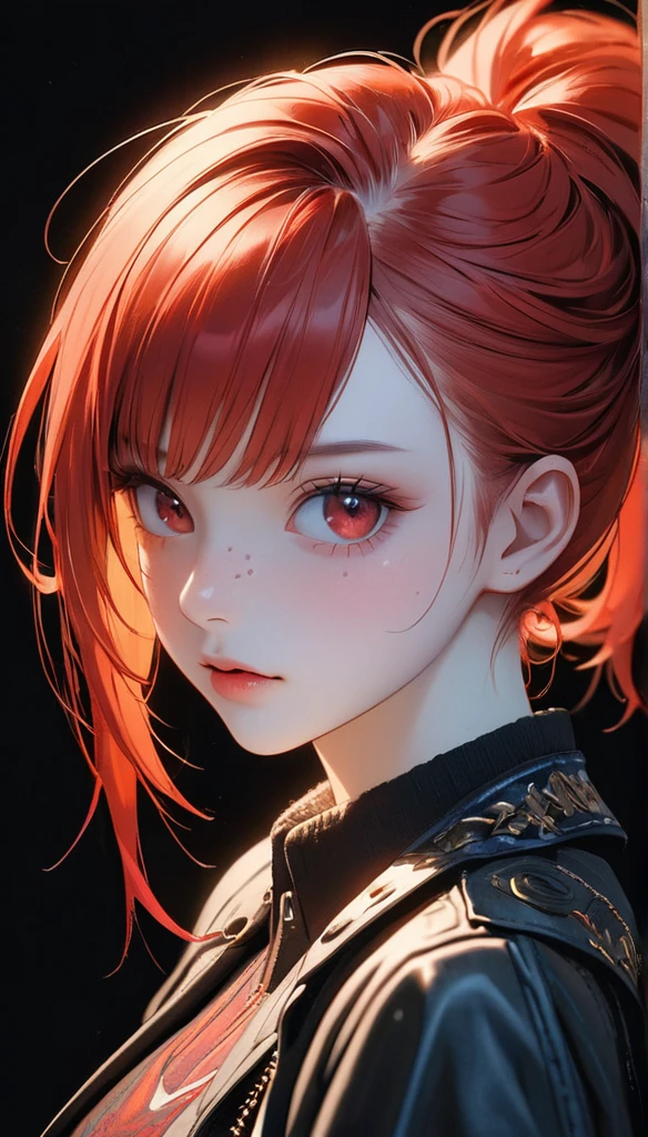 best quality, masterpiece, solo, 1girl, red hair, shirt, red eyes, black beckground, full facesMeticulous, analog style, focus on the eyes, highest quality, (highly detailed skin), photo of very handsome pale skin Dutch punk girl, 21 years old, (warrior), perfect face, pore skin, (penetration:0.5), black background, (bokeh:0.6), sharp focus, grainy lighting, (backlight:0.7), film grain, photographed with Sony A7R IV camera, 18mm F/1.7 cine lens, (highly detailed, intricate detail), 8k, HDR, front view, (full body: 0.9)