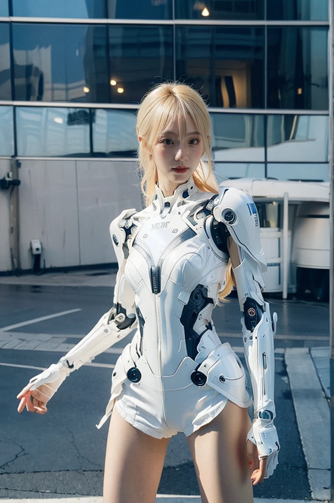 {{best quality, 1080P, Masterpiece, Ultra high resolution, photorealistic photo, ultra realism, Realistic skin texture, Light blonde hair, Extreme skin detail, dslr, Detailed eyes, Facing the camera, very beautiful face, Concise facial structure, Pale skin, Realistic skin texture, Extreme skin detail, oc render reflection textures, Realistic light and shadow, Single picture, alone, The body is slim and balanced., Age 20, Height 170, naked girl, NUDE, no underwear, A girl with the body of a mechanical robot., Transparent futuristic black glass mech armor suit, The mechanical cervix is attached to the neck., flat stomach, Woman with perfect mechanical arms and legs, full body view, Whole body photo.}}