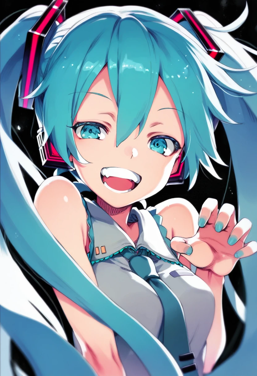 score_9, score_8_up, score_7_up, score_6_up, tatata_style BREAK
hatsune miku, 1girl, :d, claw pose, hair between eyes, hand up, looking at viewer, open mouth, raised eyebrows, sleeveless shirt, smile, solo, teeth, upper body, upper teeth only, very long hair, aqua nail polish, half-closed eyes , black background
