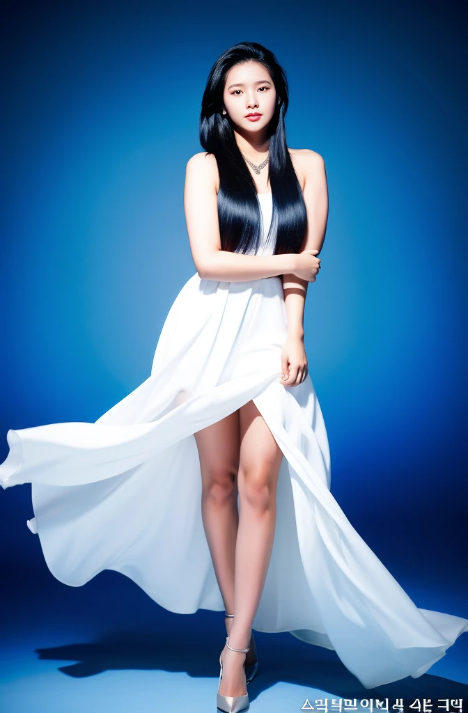2 heads, Additional weapons,White Dress, A woman posing for a photo, Blue Dress, curvy arms, Long hair, Black Hair, have, Incredibly beautiful, Strong posture, very beautiful, Axillary and shoulder fusion, multiple legs,Normal hand, Slender figure and hand details, The same face, 21 years old, Upper body shot, Korean