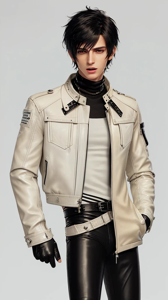 Final fantasy taste and reality graphics, Japanese young cute and cool ikemen boy, his age is early 20s, thin eyebrows and beady eyes, ((he wearing off white color leather thick material jacket)), ((jacket is singlebrest)), biker style jacket, with epaulet, jacket is long sleeve, ((must close the front of the leather jacket)), , ((voluminous leather jacket)), ,((must jacket is high length and stand-up collar)) ((jacket collar with two belts)), ((jacket is a little black color line pattern)),((close the front of the jacket)), ((also wearing black thick material turtleneck lackluster shirts)), ((tight black leather pants)), ((black leather tight and thin glove)), ((black leather knee-high raceup boots)),((must views head-to-toe)),((must views whole body)), ,((Do not show skin from the neck down)),leather jacket leather glove and leather pants have few wrinkles, Avoid showing your innerwear,zip up jacket fastner.must put on a leather glove.
Bous face is expression of .
Boy is black hair.boy looks like fashion model.
((Boy gagged wrap mouth)) ((with beige color packing tape))