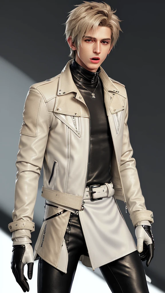Final fantasy taste and reality graphics, Japanese young cute and cool ikemen boy, his age is early 20s, thin eyebrows and beady eyes, ((he wearing off white color leather thick material jacket)), ((jacket is singlebrest)), biker style jacket, with epaulet, jacket is long sleeve, ((must close the front of the leather jacket)), , ((voluminous leather jacket)), ,((must jacket is high length and stand-up collar)) ((jacket collar with two belts)), ((jacket is a little black color line pattern)),((close the front of the jacket)), ((also wearing black thick material turtleneck lackluster shirts)), ((tight black leather pants)), ((black leather tight and thin glove)), ((black leather knee-high raceup boots)),((must views head-to-toe)),((must views whole body)), ,((Do not show skin from the neck down)),leather jacket leather glove and leather pants have few wrinkles, Avoid showing your innerwear,zip up jacket fastner.must put on a leather glove.
Bous face is expression of ecstasy.
Boy is black hair.boy looks like fashion model.
((Boy gagged wrap mouth)) ((with beige color packing tape))