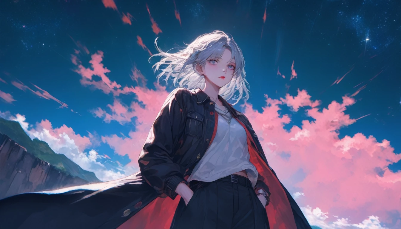 Starry Sky, After the Rain, horizon , In the sky,Lens flare, colorful,coat,Put your hands in your pockets,(student, 18-year-old, JK, Her short silver hair sways, Pale skin, Lack of eye sparkle) Look up at the sky, Beautiful sky, There is an ocean,White Street,The scenery is beautiful, 広いLook up at the sky, I see the wind blowing and shining, In the skyは正午の月と正午の星がある,From below, break ,quality(8k,非常に精細なCGユニットのwallpaper, masterpiece,High resolution,top-quality,top-quality real texture skin,Surreal,Increase the resolution,RAW Photos,最高quality,Very detailed,wallpaper,Cinema Lighting,Ray Tracing,Golden Ratio),Have a long-term perspective