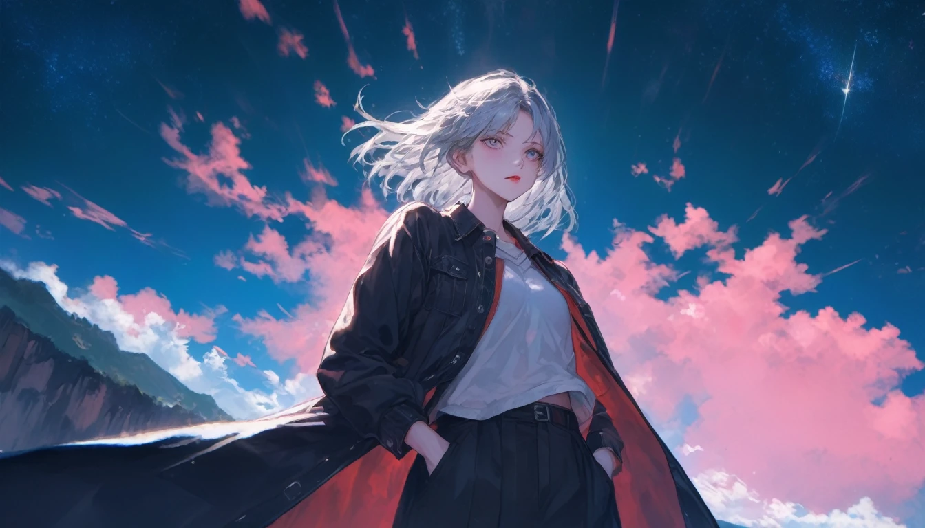 Starry Sky, After the Rain, horizon , In the sky,Lens flare, colorful,coat,Put your hands in your pockets,(student, 18-year-old, JK, Her short silver hair sways, Pale skin, Lack of eye sparkle) Look up at the sky, Beautiful sky, There is an ocean,White Street,The scenery is beautiful, 広いLook up at the sky, I see the wind blowing and shining, In the skyは正午の月と正午の星がある,From below, break ,quality(8k,非常に精細なCGユニットのwallpaper, masterpiece,High resolution,top-quality,top-quality real texture skin,Surreal,Increase the resolution,RAW Photos,最高quality,Very detailed,wallpaper,Cinema Lighting,Ray Tracing,Golden Ratio),Have a long-term perspective