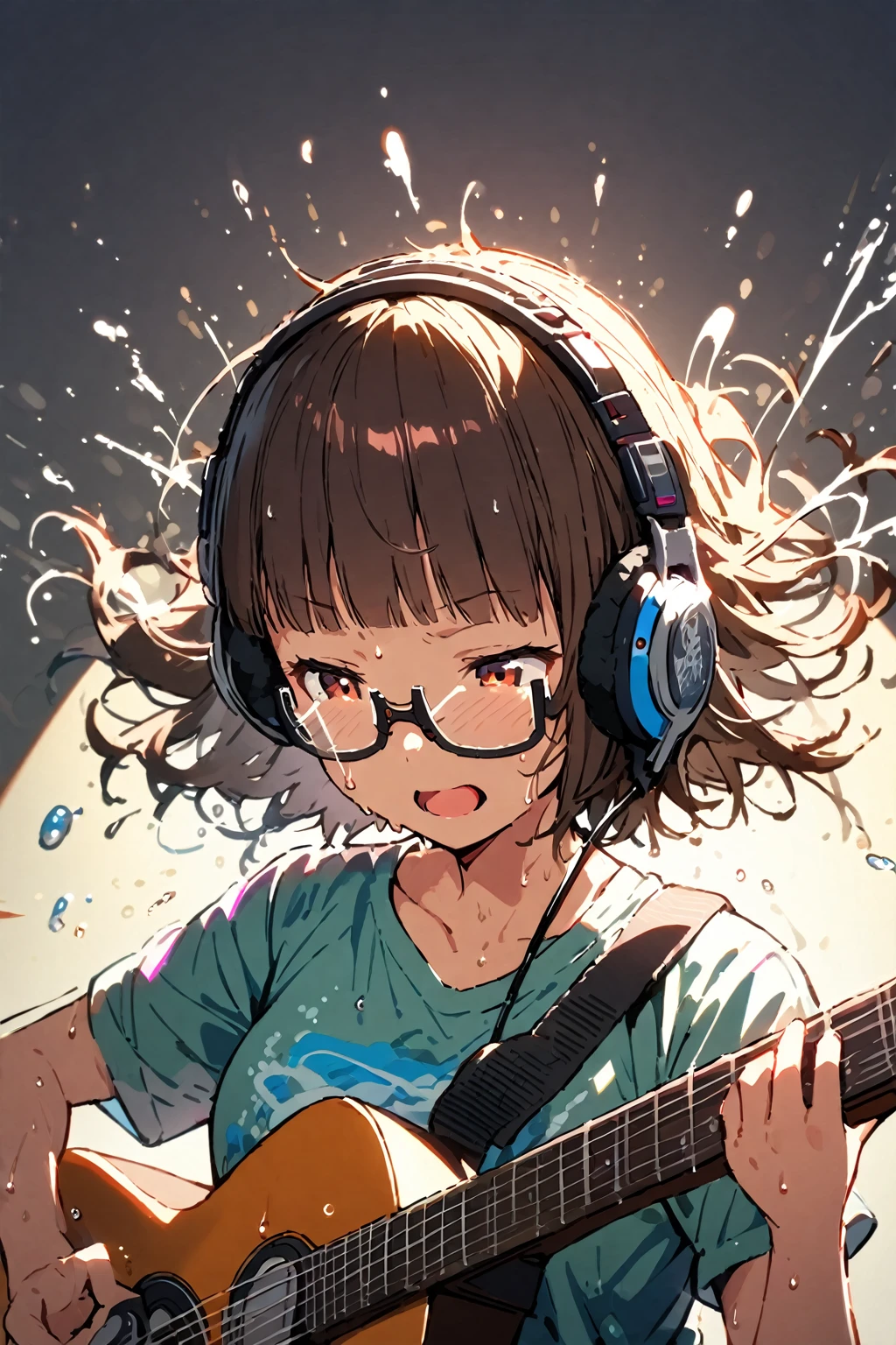 (extremely detailed fine touch:1.3), (((semi-rimless eyewear:1.3))), (headphone:1.2), short hair, blunt bangs, 1 girl, shirt, playing guitar, sing a song, fluttering hair, sweaty, splash, spotlight, simple background, 