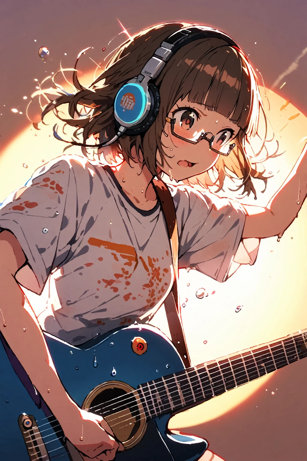 (extremely detailed fine touch:1.3), (((semi-rimless eyewear:1.3))), (headphone:1.2), short hair, blunt bangs, 1 girl, shirt, playing guitar, sing a song, fluttering hair, sweaty, splash, spotlight, simple background,