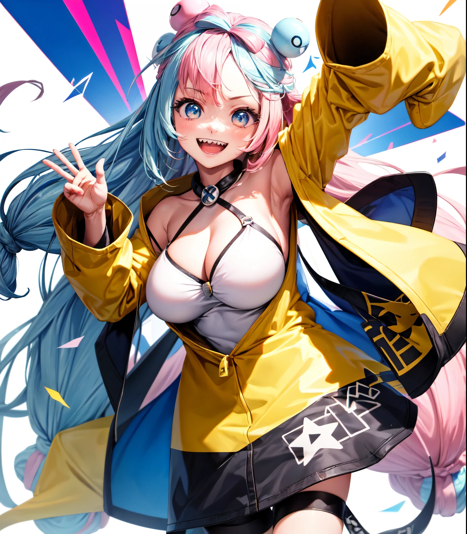 Highest quality、masterpiece、Big Breasts,Pink hair and blue eyes、Yellow Jacket、Please raise your right hand、Lower your left hand、Stand only on your right foot、Raise your left leg。smile、White Background,Nanjamo,No text