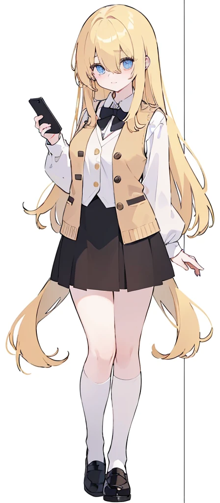 (((Long blonde Beautiful Hair))),blonde hair,kawai,(((Eyes visible from bangs,hair over eyes:1.3))),,Huge breasts,(Blue color eyes),,(blue slanted eyes),1girl in,bangs,long blonde hair, pantyhose,Cowboy Shot,white background,short hair,smiled,(Wearing a white cream colored hodie), (Wearing a Korean style brown vest), ((Wearing a short black skirt that reaches above the thighs)) Bangs should be long to the tip of the chin...(((Hands focused on holding a handphone))), background white room, Perfect arm fingers,,, 1 girl, ((The image must match the tag)) Bangs almost cover the eyes full body (The character's entire body from top to bottom is completely visible) Must wear a cream colored hodie ((must wear a Korean style brown vest)) a female student (Kawai) must wear a short black skirt Must wear a cream colored hodie ((must wear a Korean style brown vest)) a female student (Kawai) must wear a short black skirt Must wear a cream colored hodie ((must wear a Korean style brown vest)) a female student (Kawai) must wear a short black skirt Must wear a cream colored hodie ((must wear a Korean style brown vest)) a female student (Kawai) must wear a short black skirt (Wearing shiny black shoes)