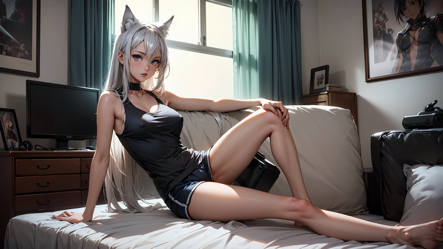 Create a high-quality image of a stunning 18-year-old wolf girl with tan skin. She has long silverish hair and captivating blue eyes, wearing a see-through tank top that barely covers her nipples and tight sleep shorts. She is sitting on the edge of her bed in a dimly lit, modern room with the window open, letting in a gentle night breeze. Her posture is alluring, with one leg bent up and the other stretched out, facing the camera seductively. The room is decorated with modern nerdy items, showcasing her love for video games and anime, including a high-end gaming PC, sleek gaming desk, ergonomic gaming chair, and the latest gaming console, as well as stylish anime posters and figurines. The overall ambiance is cozy and intimate, with intricate details enhancing the high-quality visual artistry.