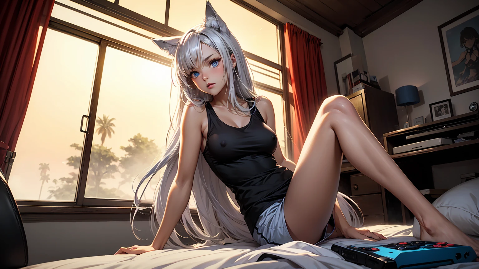 Create a high-quality image of a stunning 18-year-old wolf girl with tan skin. She has long silverish hair and captivating blue eyes, wearing a see-through tank top that barely covers her nipples and tight sleep shorts. She is sitting on the edge of her bed in a dimly lit, modern room with the window open, letting in a gentle night breeze. Her posture is alluring, with one leg bent up and the other stretched out, facing the camera seductively. The room is decorated with modern nerdy items, showcasing her love for video games and anime, including a high-end gaming PC, sleek gaming desk, ergonomic gaming chair, and the latest gaming console, as well as stylish anime posters and figurines. The overall ambiance is cozy and intimate, with intricate details enhancing the high-quality visual artistry.