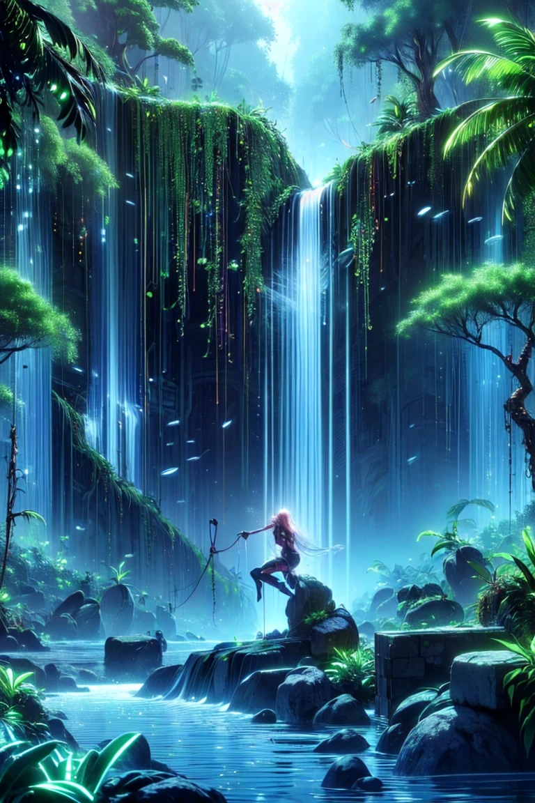top quality, future world, State-of-the-art robot, Beautiful Woman climbing the tree , flying hair, Transformed into a cyborg except for the face, sexy images, whole body photo, (((jungle, adventure, huge trees, water fall, huge stone)))