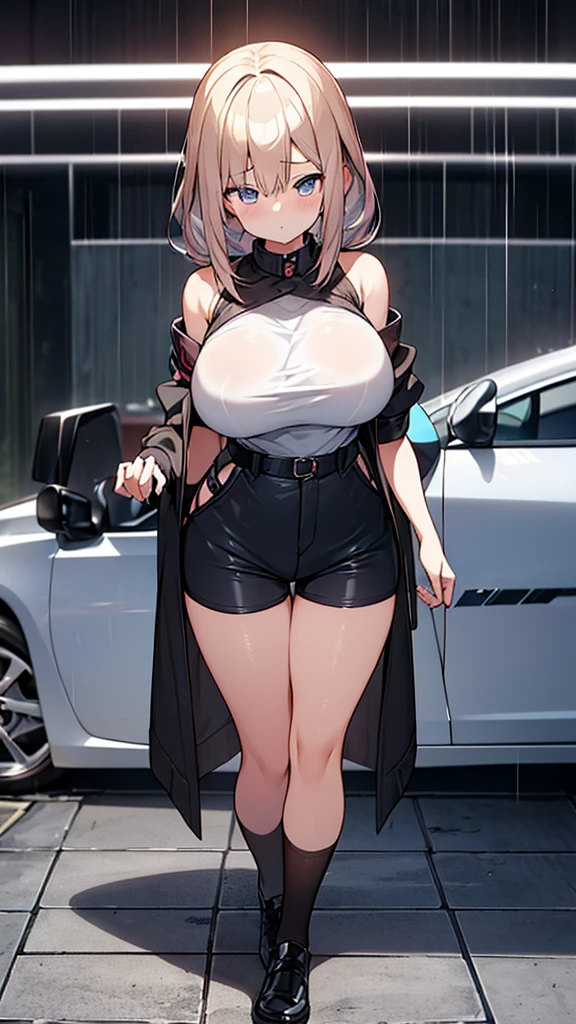 Full body image, front, One girl, 18-year-old, Mix 4, (32K, RAW Photos, Highest quality, masterpiece:1.2), (Anime-like, photoAnime-like:1.37), cute, Short sleeve T-shirt,Shorts,Black knee socks, night, rain, Humidity, Professional Lighting, Photon Mapping, Radio City, Physically Based Rendering, Super Resolution, (Big Breasts:1.2), {{The biological weapon that had preyed on the younger sister took her place and reunited with the older brother, The rebellious little sister has become the obedient little sister}}, Girl Skull, whole body, NSFW