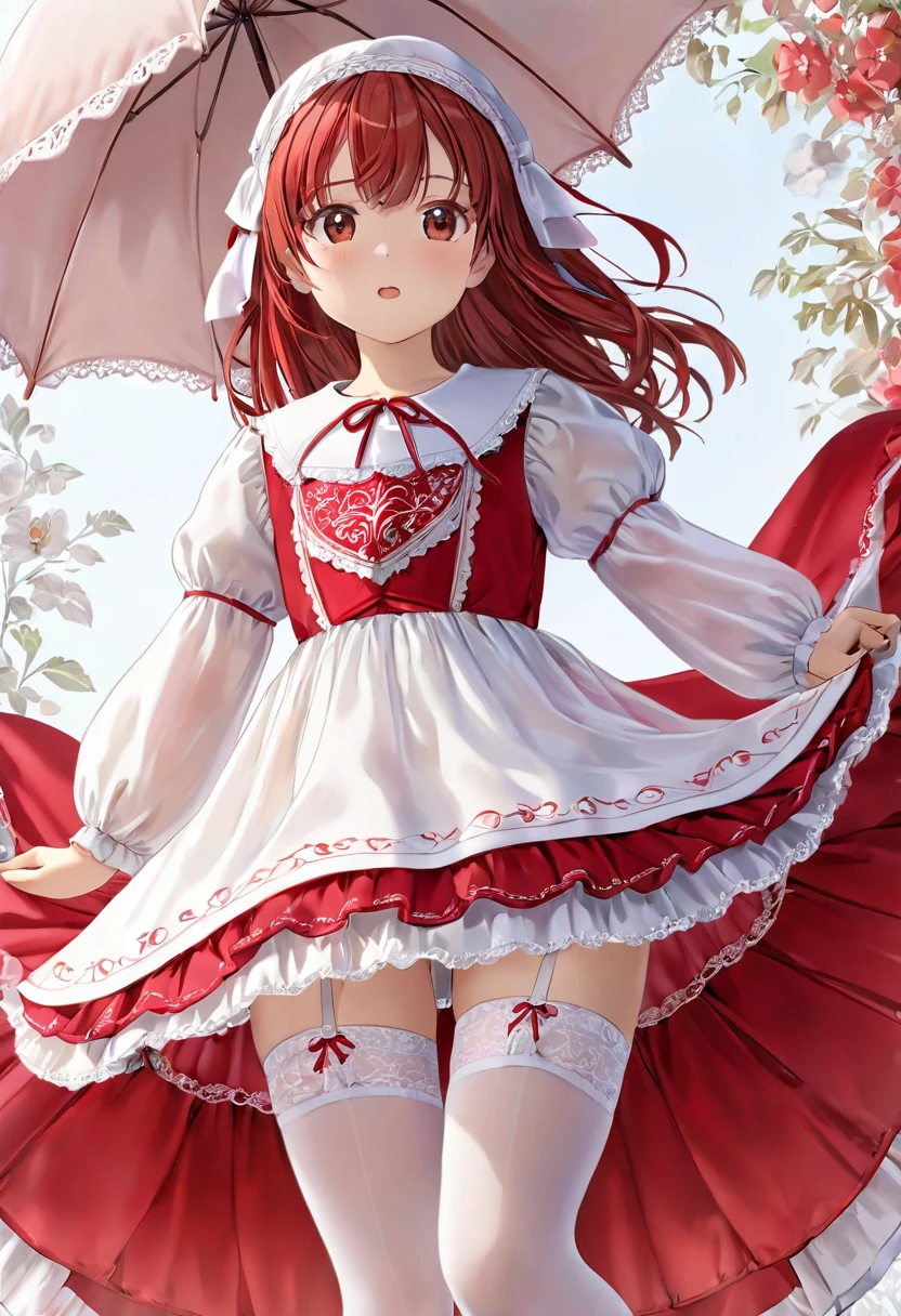  girl underwear, Realistic panties and bloomers made from patterned cotton fabric, White embroidered medieval red gradient one-piece dress with panniers, Fabric Realism, Low - Angle, You can see the drawer, Pull up the dress by hand, Strong winds, Translucent slip, Translucent slip, tights, Highest quality, Crotch close-up, whole body, Skirt lining
