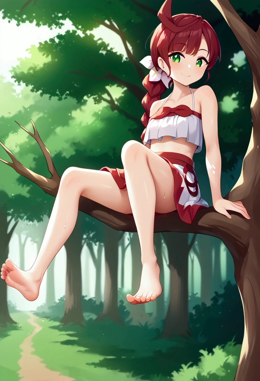 Masterpiece, Best Quality, high resolution, vegetation and trees in the background, A girl, alone, funny look, sitting at the top of a tree on a branch, smiling, bare shoulders, Red skirt, bare legs stretched and apart, barefoot, soles of feet hanging , head on, sweaty feet, (view from the ground up)