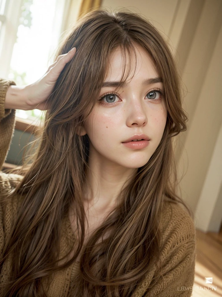 a beautiful woman in her house, detailed face and eyes, long eyelashes, golden hair, sunlight, warm atmosphere, highly detailed, photorealistic, 8k, masterpiece, intricate details, vibrant colors, natural lighting, cinematic composition, dreamy mood, ethereal quality