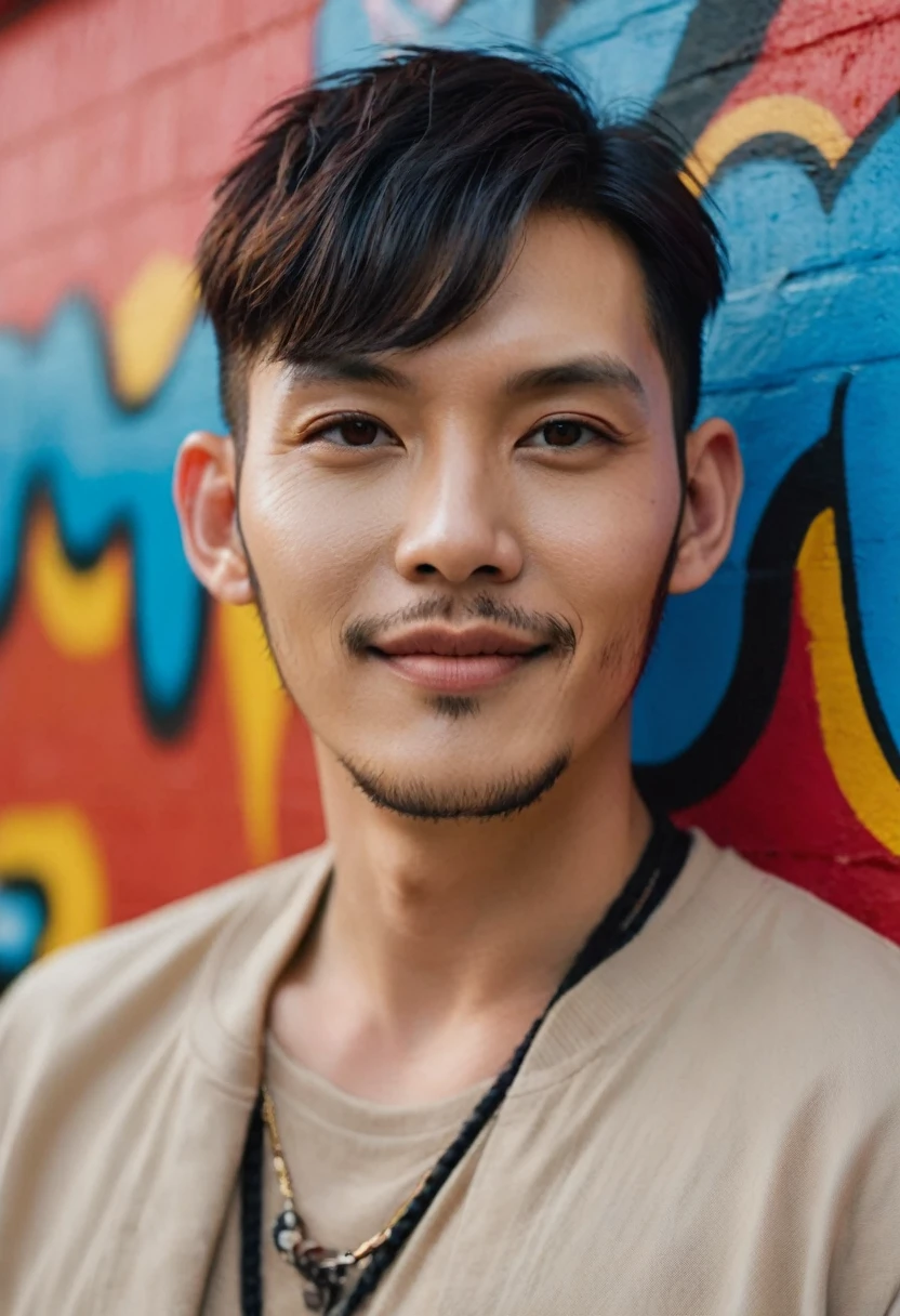 A portrait photo of a gorgeous young French-Japanese man, handsome K-pop idols face, still from the film, ((solo)), (Ji Chang Wook look alike face: 0.9), He is 40 years old, 176 cm tall, smiling, with Buzz cut hair in black. He has electric brown eyes and is wearing a beige t-shirt, ripped jeans, and red sneakers. He has multiple tattoos (a dragon on his arm, a phoenix on his neck) and various piercings, (eye, nose, and ears). He is also wearing large eyeglasses. The background colorful graffiti, with vibrant colors and striking features, Leica SL3, Summicron-SL 75 f/2 ASPH, kodak gold 200 film,