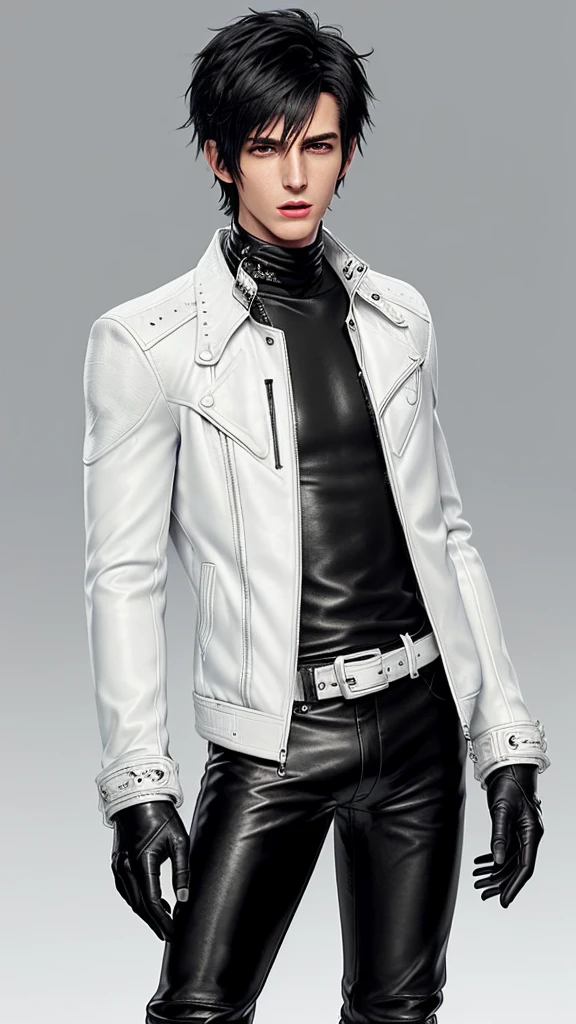 Final fantasy taste and reality graphics, Japanese young cute and cool ikemen boy, his age is early 20s, thin eyebrows and beady eyes, ((he wearing off white color leather thick material jacket)), ((jacket is singlebrest)), biker style jacket, with epaulet, jacket is long sleeve, ((must close the front of the leather jacket)), , ((voluminous leather jacket)), ,((must jacket is high length and stand-up collar)) ((jacket collar with two belts)), ((jacket is a little black color line pattern)),((close the front of the jacket)), ((also wearing black thick material turtleneck lackluster shirts)), ((tight black leather pants)), ((black leather tight and thin glove)), ((black leather knee-high raceup boots)),((must views head-to-toe)),((must views whole body)), ,((Do not show skin from the neck down)),leather jacket leather glove and leather pants have few wrinkles, Avoid showing your innerwear,zip up jacket fastner.must put on a leather glove.
Bous face is expression of ecstasy.
Boy is black hair.boy looks like fashion model.
((Boy gagged wrap mouth))