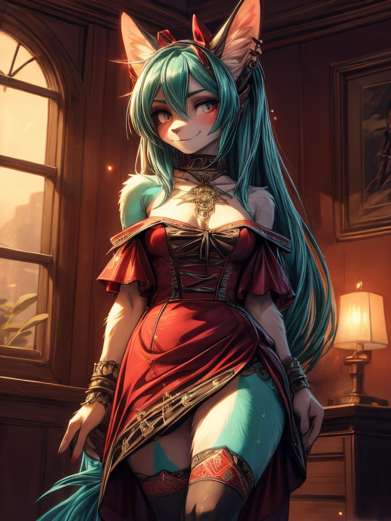 Miku Hatsune, add high definition_detail:1, tribal tattoo add_detail:1,put on the leg, Walking position during full moon showing her beautiful figure and outfit.. (black off shoulder blouse, mini ahort ) sweaty body add_details:1, smiling add_detailsl:1, ear piercing add_detail:1, cover position in bed add_detail, horny girl add_detail:1, seductive position add_detail:1, RED Saturation, photo style lighting add_detail:1, sensual bondage add_detail, very fine and detailed hands add_detail, cara angelical, (victorian dress), bi color hair, aqua red.