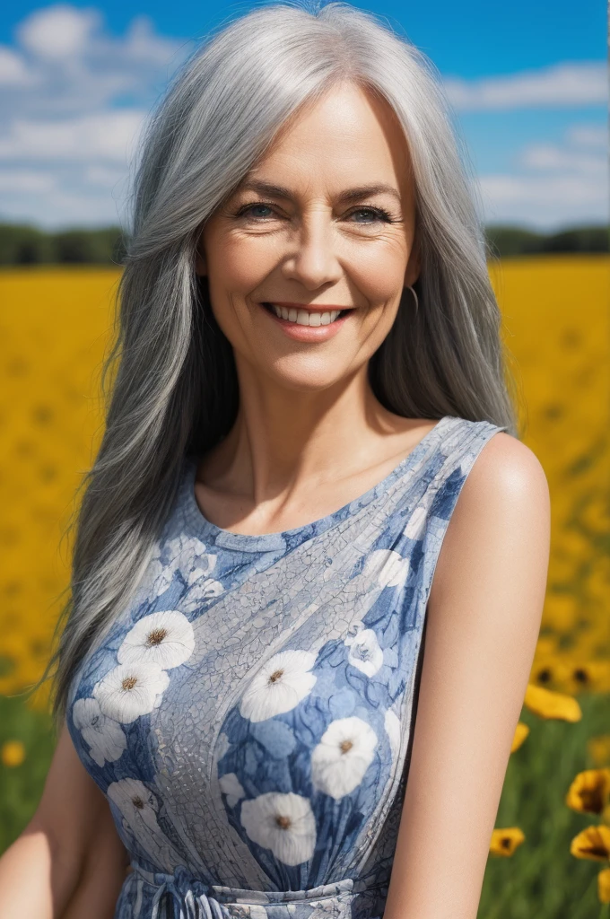 a 60 year old woman, smiling, braided grey hair, loose flowing blue floral print dress, jogging on a poppy field path, transparent stream, sunny atmosphere, beautiful detailed eyes, beautiful detailed lips, extremely detailed eyes and face, longeyelashes, intricate details, natural lighting, vibrant colors, lush environment, serene landscape, (best quality,4k,8k,highres,masterpiece:1.2),ultra-detailed,(realistic,photorealistic,photo-realistic:1.37)